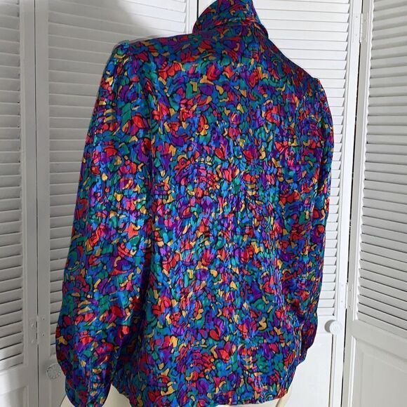 Vintage Colorful Abstract Satin Button Down Bow Tie Blouse Large - Picture 7 of 16